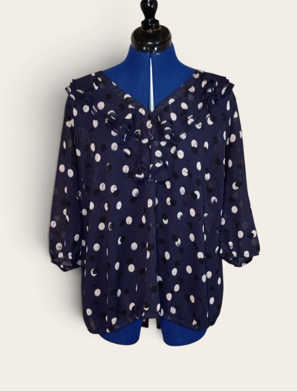Lane Bryant Navy and White Polka Dot Ruffle Blouse